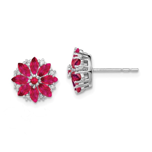925 Sterling Silver Rhodium-plated Diamond & Ruby (July Birthstone) Earrings - Picture 1 of 4